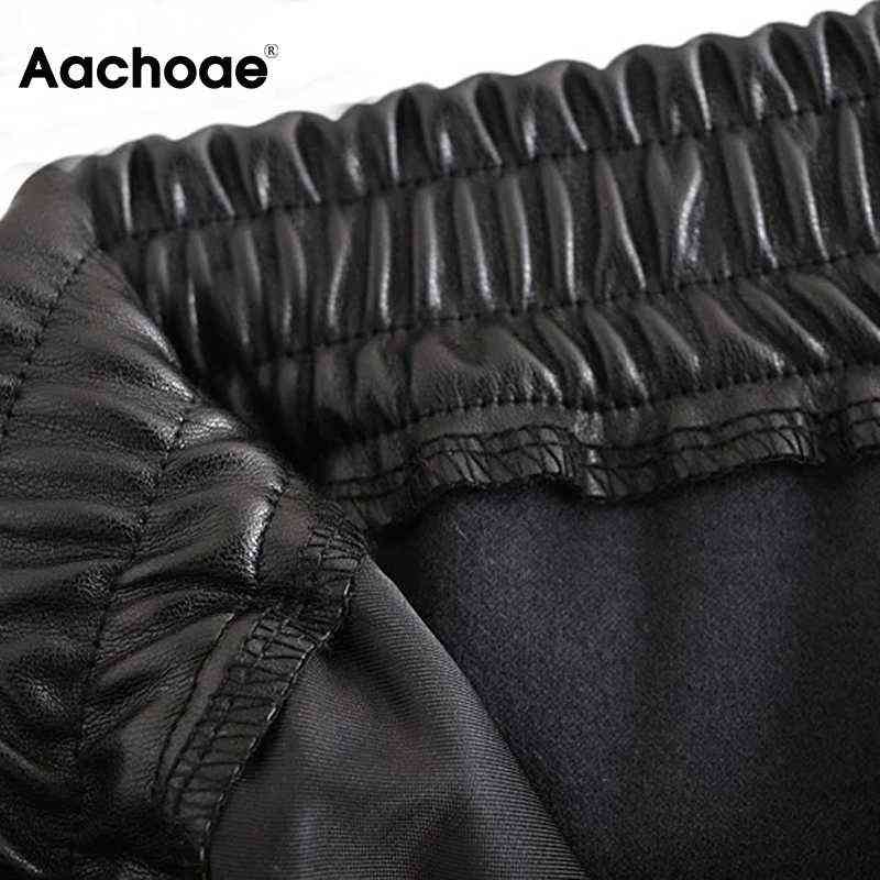 Aachoae Lady Full Length Pu Leather Pants Drawstring Sports Style Long Sweatpants Women Baggy Casual Pencil Pantalon Mujer 211102