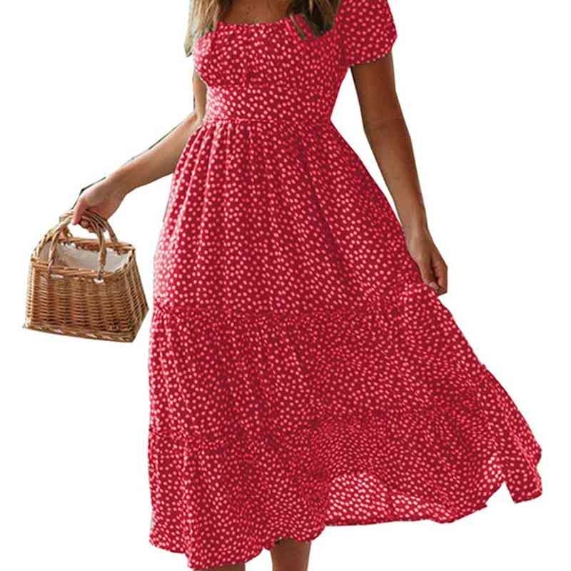 90s Ladies Square Neck Puff Sleeve Summer Floral Print Ruched Cake Dress Bohemia A-line Midi-length Tunic Casual Red Dance 210604