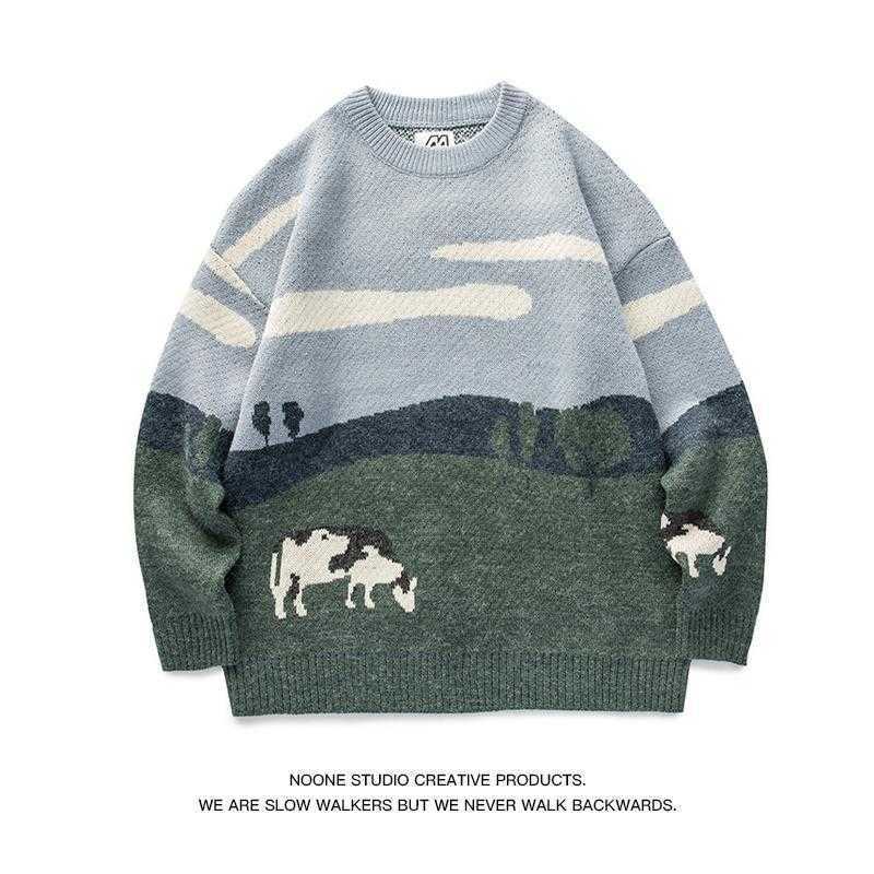 2021 New Cow Pattern Jacquard round Neck Sweater Pullover Color Matching Casual Sweater Y0907
