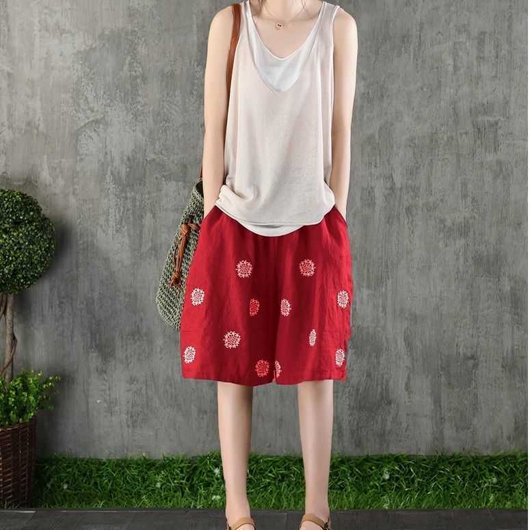 Women's Shorts Summer Fashion Casual Loose Cotton Linen High Waist Harem Short Pants Embroidery Wide for Women 210714