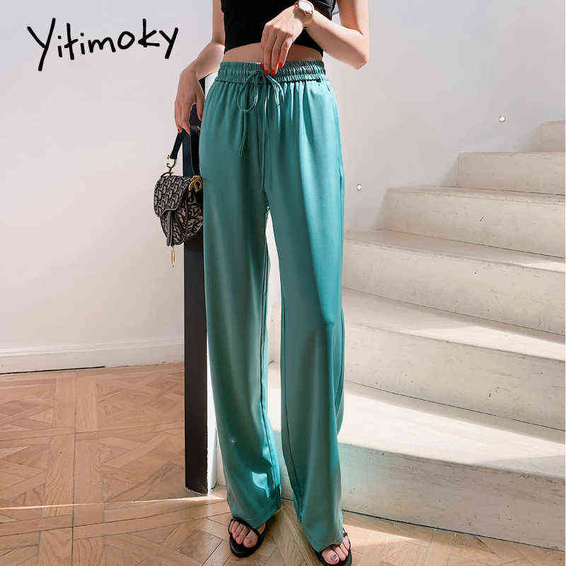 Yitimoky Satin Silk Pants Women Wide Leg Loose Drawstring Office White Fashion Black Elastic High Waist Trousers 211115