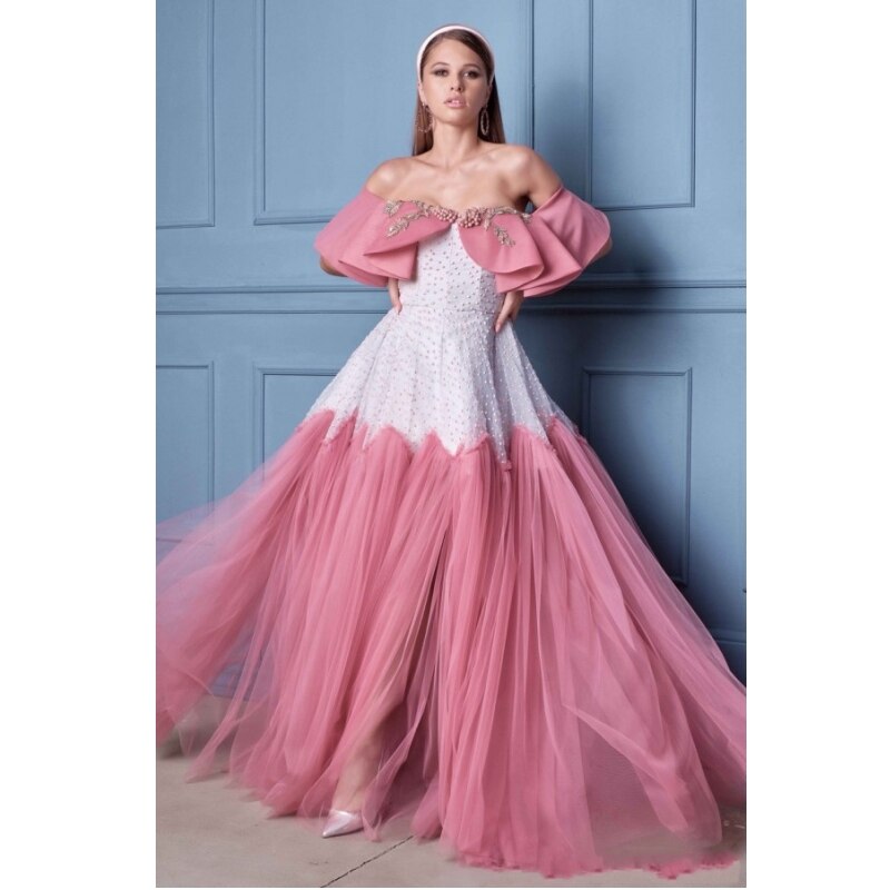 Princess Pink A Line Prom Dresses Beads Appliqued Off Shoulder Evening Dresses Dubai Arabic Sweep Train Custom Made Pageant Gown