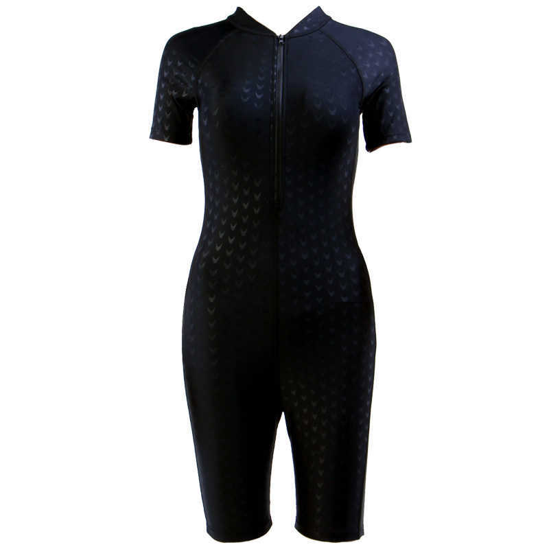 Swimsuit Women's Siamese Sports Short Sleeve Shorts Large Size Swimwear Push Up Bra Beach Zipper Surf Suit 210611