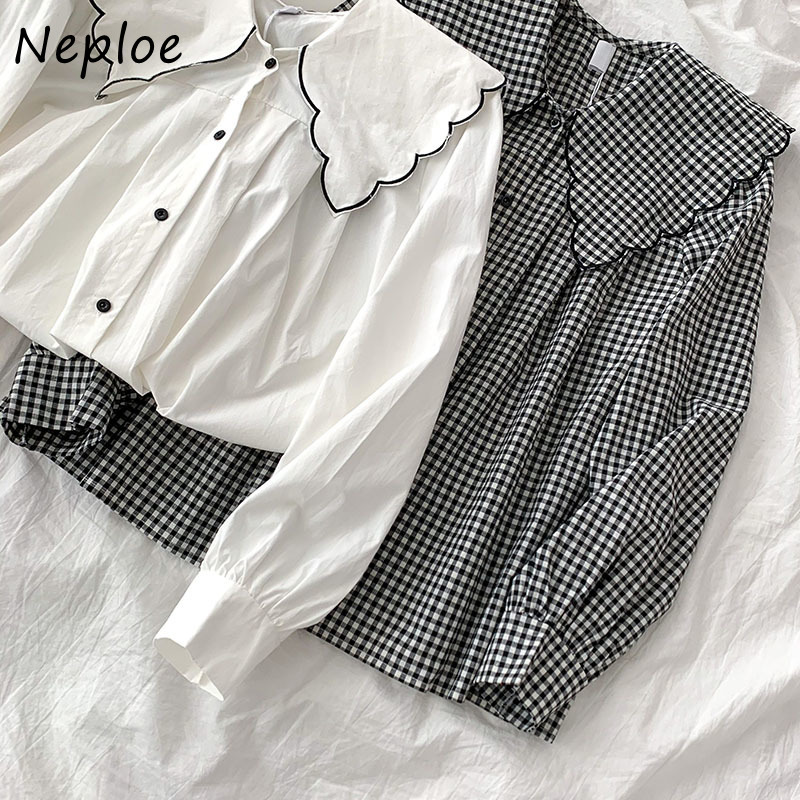 Neploe Doll Collar Hit Color Patchwork Loose Blouse Women Long Sleeve Single Breast Sweet Blusas Spring New Shirt Feminino 210225