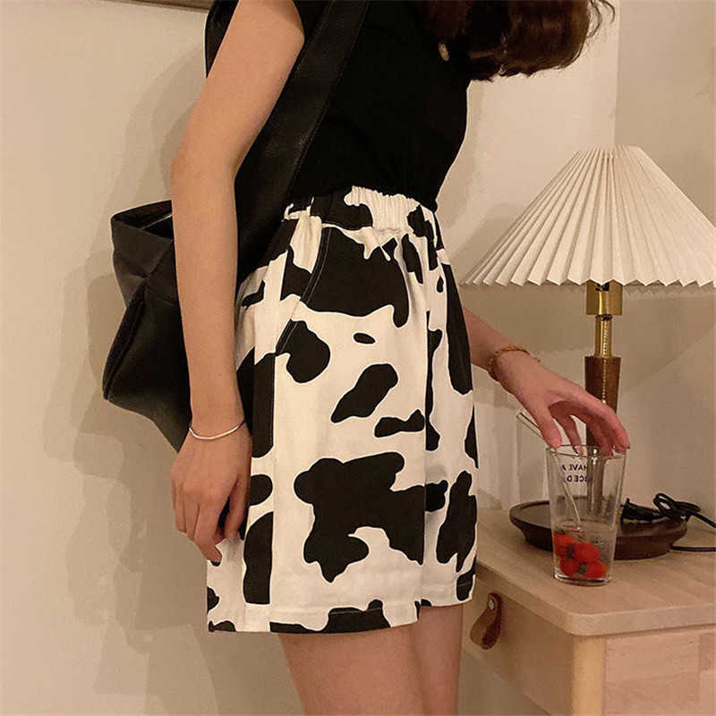 Harajuku Korean Style Streetwear Cow Print Sport Shorts Joggers Women Sweatpants Straight Elastic High Waist Wide Leg Shorts 210611