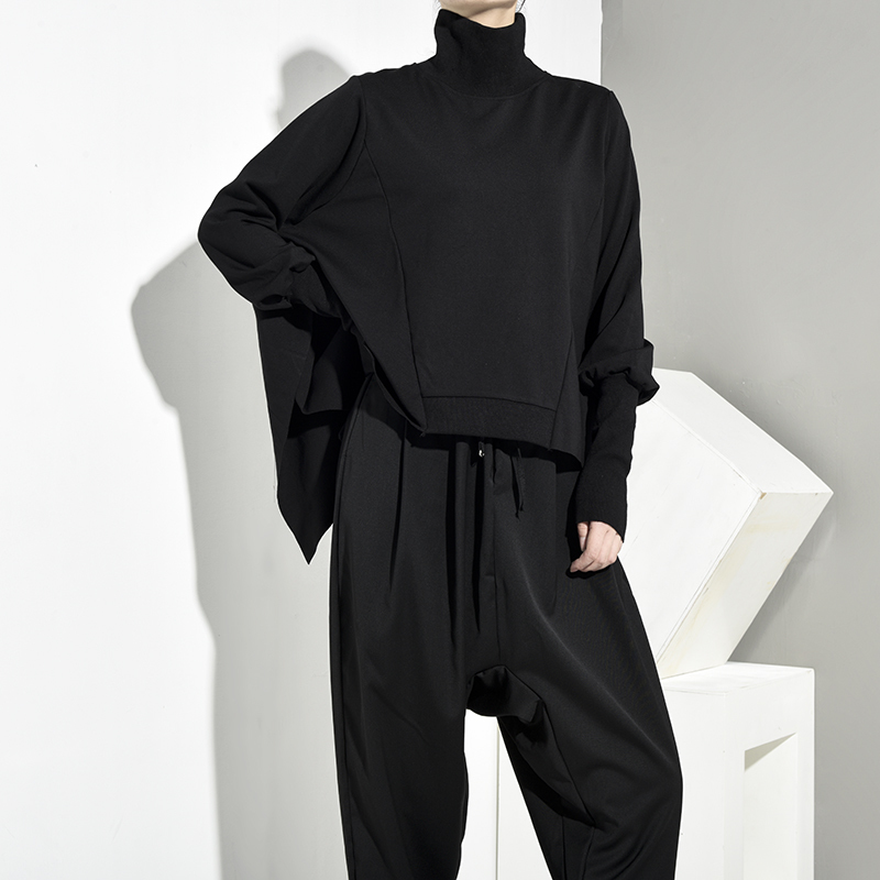 [EAM] Loose Fit Black Oversize Back Long Sweatshirt New High Collar Long Sleeve Women Big Size Fashion Spring Autumn LJ201130