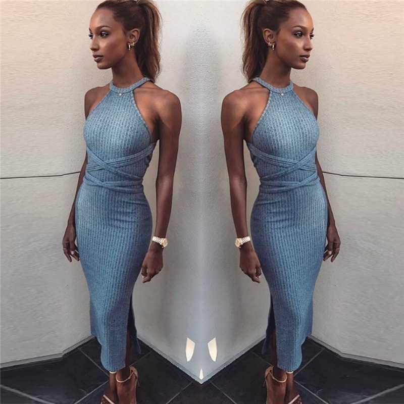 Summer Sheath Dress Women Clothes Sexy Party Halter Neck Sleeveless Slit Mid-calf Dresses Slim Backless Bandage Grey Vestidos T200320
