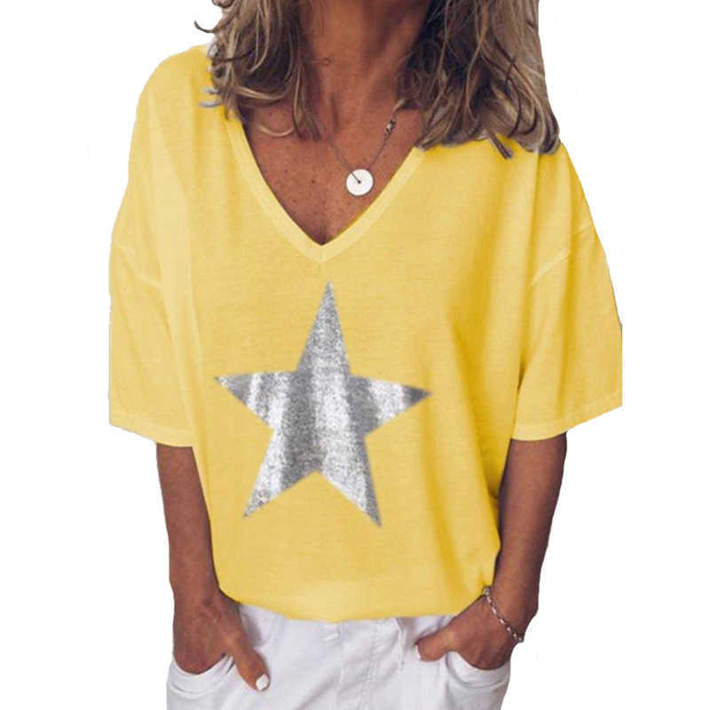 Summer Star Print T-Shirt Women Casual V Neck Short Sleeve Loose White Tee Tops Fashion Solid Color Basic T-Shirts Plus Size 5XL 210526
