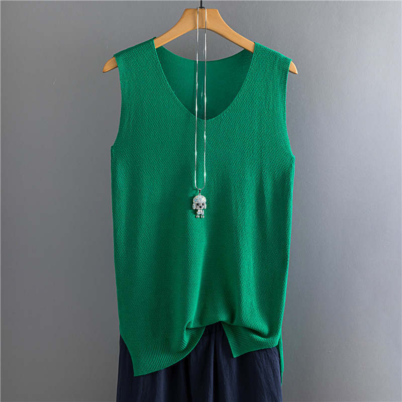 Top Women Summer Sleeveless Knit Sexy Tank Rib Vest Female Elasticity Casual Loose Plus Size Camisole V Neck Split Tops 210308