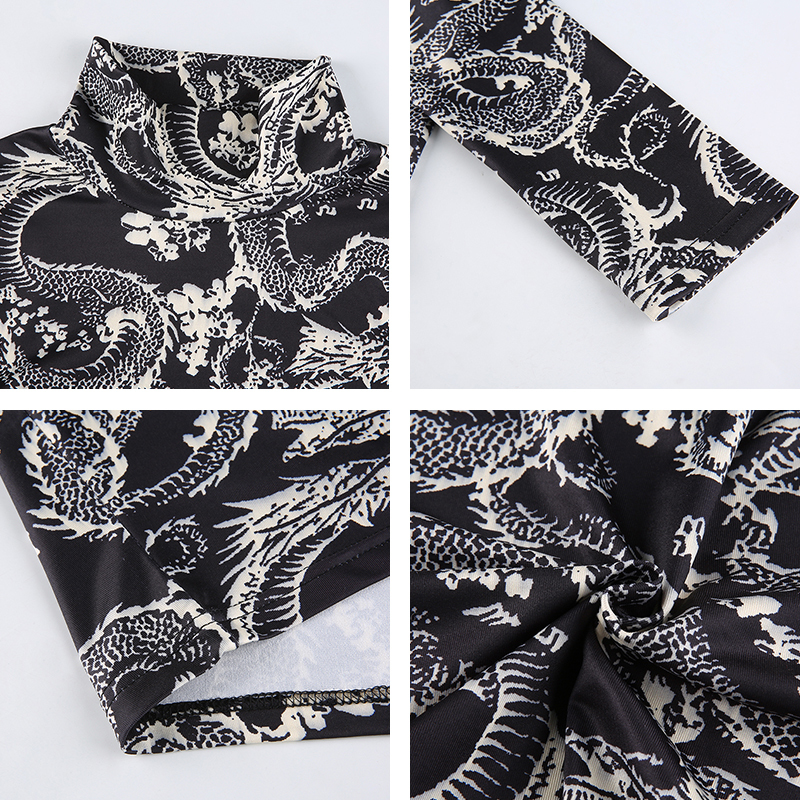Goth Dragon Print Y2k Femme Turtleneck Women's T-Shirts Clothing Gothic Aesthetic Crop Top Harajuku Skinny Long Sleeve Tee 210302