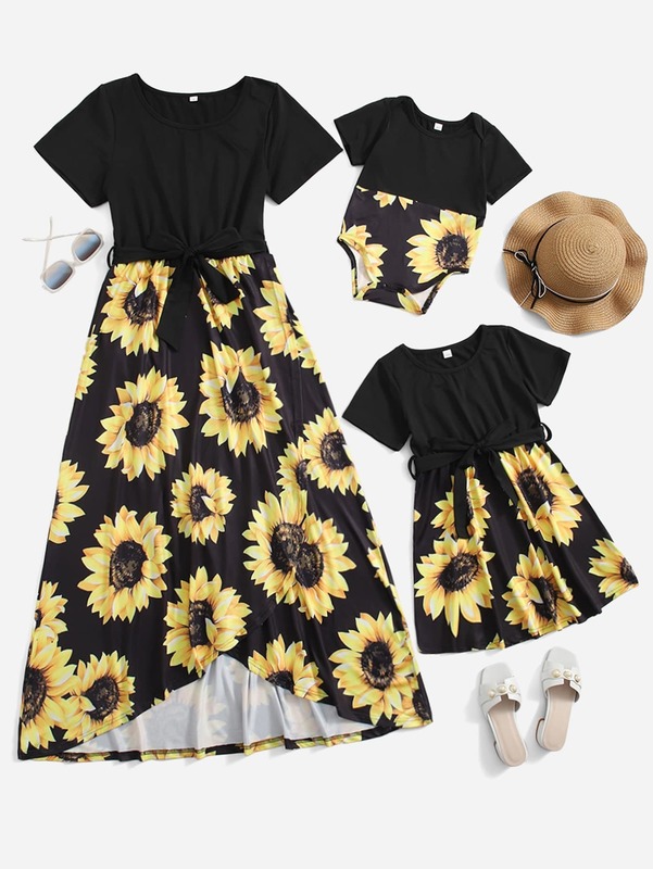 Toddler Girls 1pc Sunflower Print Belted Dress SHE