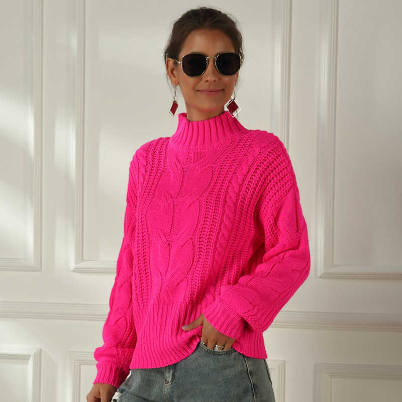 Neon Sweater Women Knitted Fuchsia Pink Solid Half Turtleneck Pullovers Long Casual Loose Knitting Shirts Female Jumpers 210918