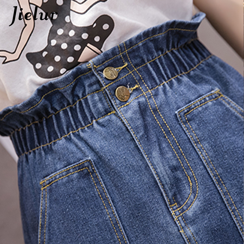 Jielur Plus Size High Waist Denim Skirt Big Pocket Autumn Skirt Simple Women Korean Style Leisure Chic Blue Skirts 210309