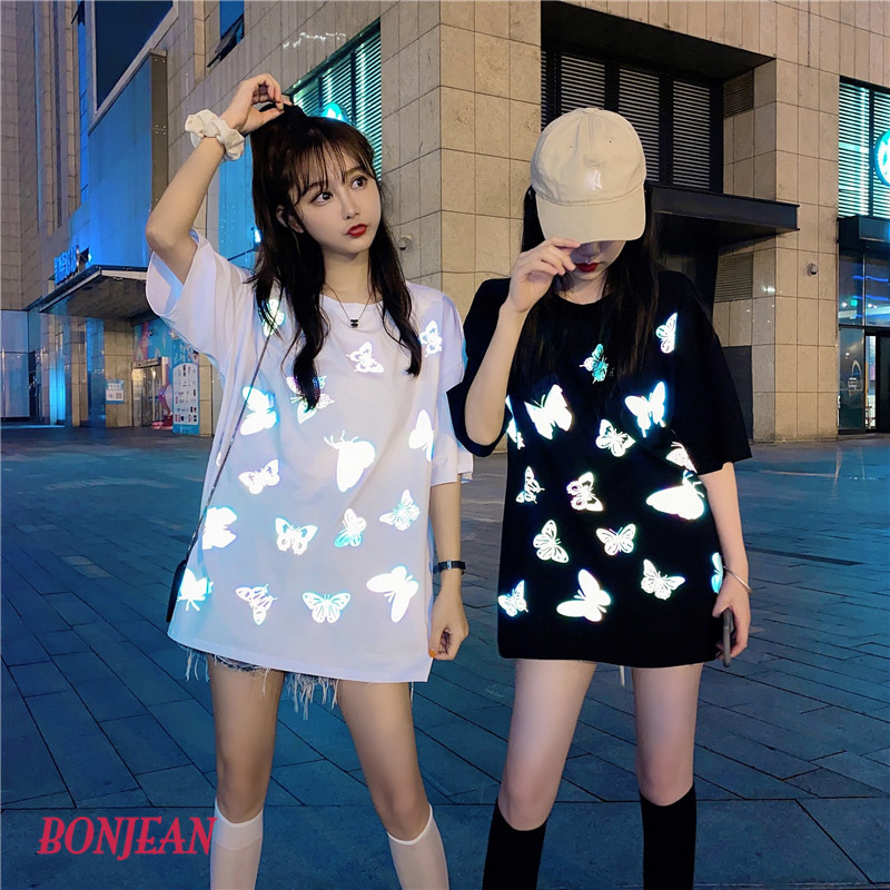 Harajuku Hip Hop INS reflective butterfly T-shirt summer loose women shirts white top korean clothes plus size 210302