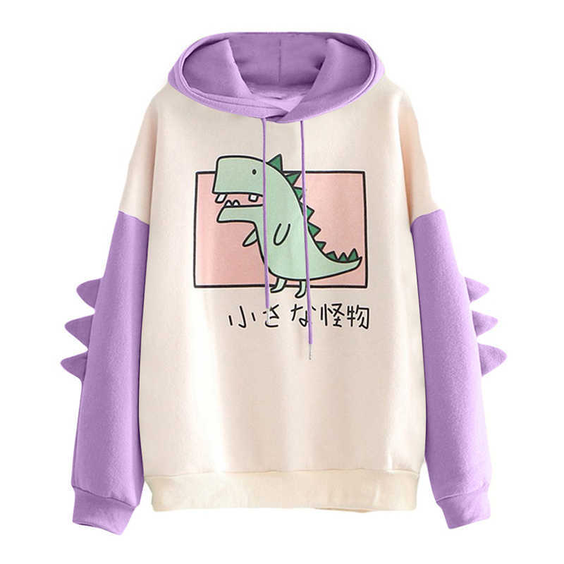 Fashion Women Sweatshirt Casual Print Long Sleeve Splice Dinosaur hoodies Sweatshirt Tops 211008