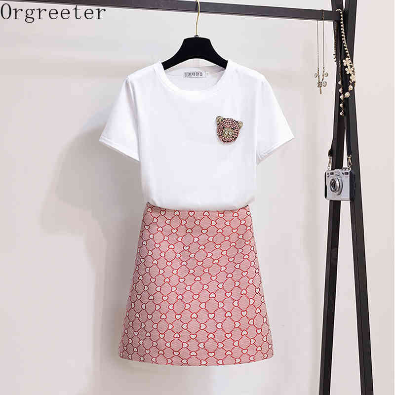 Summer Short Sleeve Beaded White Tshirts + Jacquard Pink A-line Mini Skirts Two piece Students Sets Outfits Female 210525, Picture color
Summer Short Sleeve Beaded White Tshirts + Jacquard Pink A-line Mini Skirts Two piece Students Sets Outfits Female 210525, Picture color