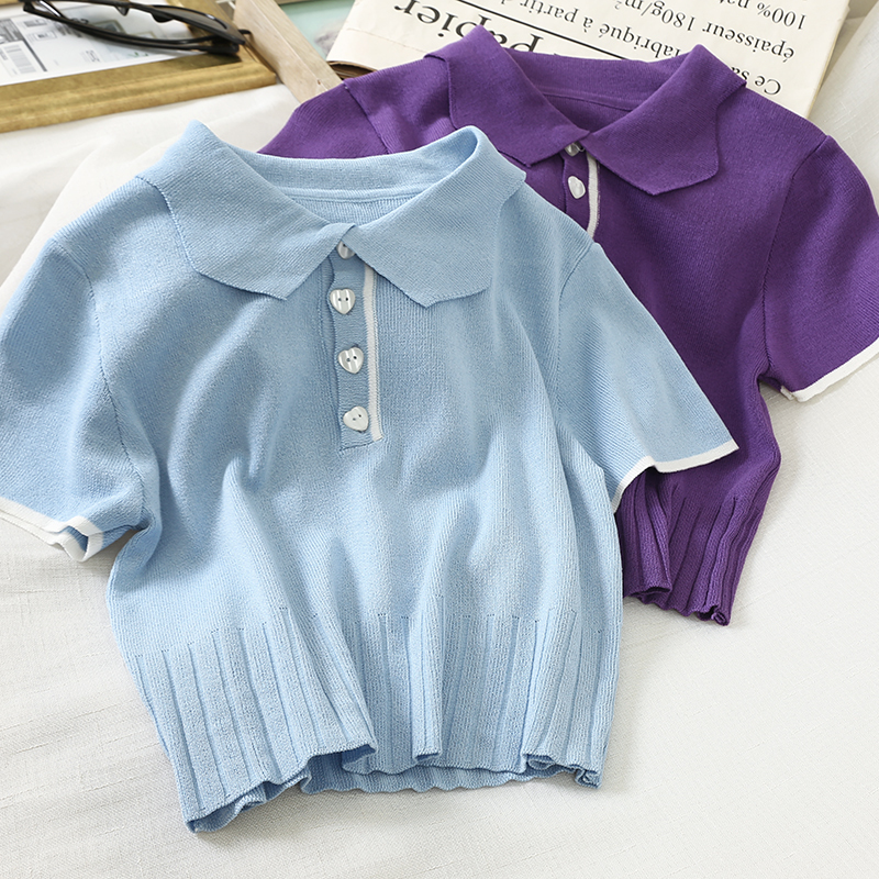 HELIAR Solid Polo Shirt Women Peter pan Collar T-shirts Knitted Short Sleeve Casual Summer T-shirts For Women Tees 210306
