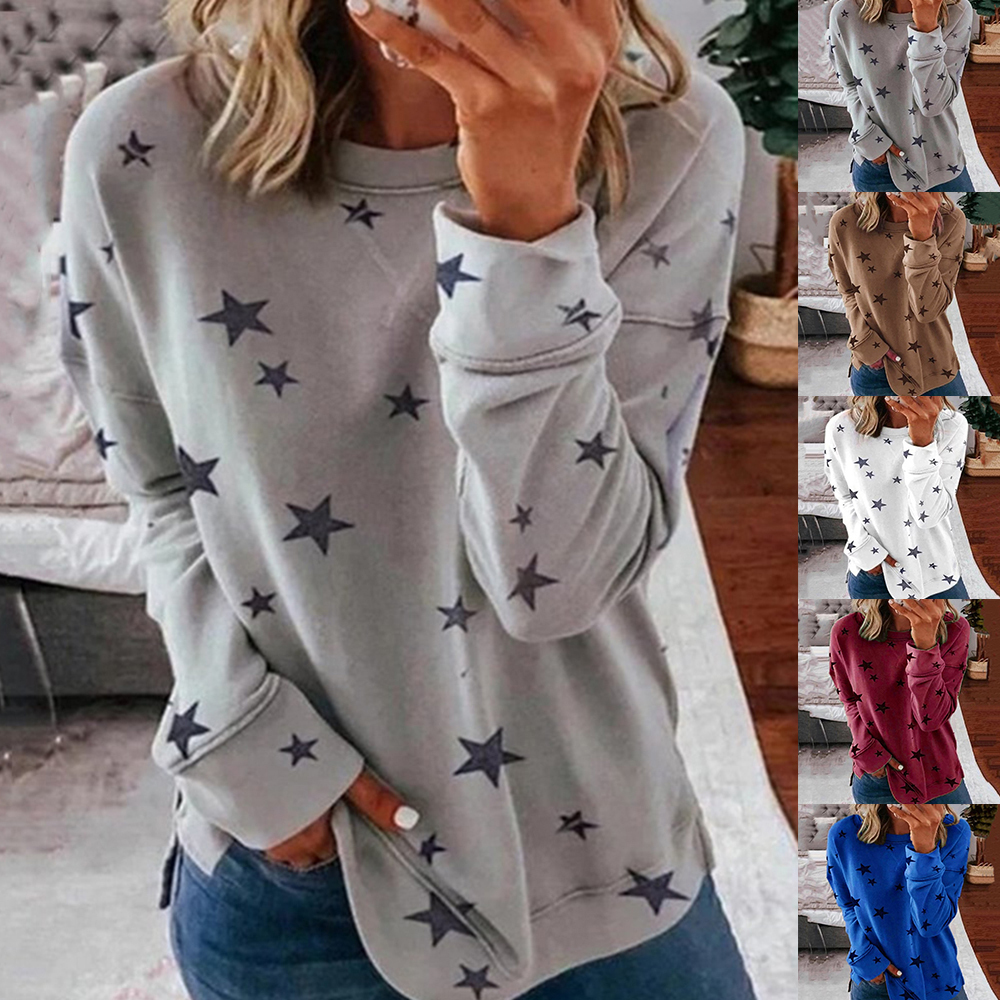 Clothes Women Ropa Mujer Vintage T Shirt Women Round Neck Long Sleeve Star Print Side Split Pullover Sweatshirt Plus Size 210310