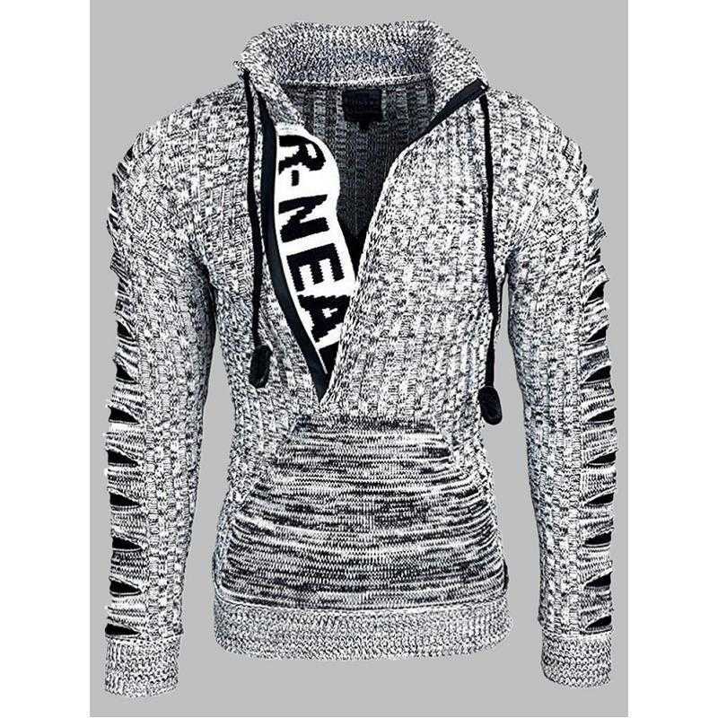 Winter Men Clothing Fashionable Sweater Turn-down Collar Long Sleeve Hole Casual Loose Front Pocket Knit Pull Homme Luxe 210604