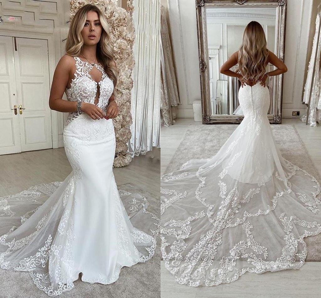 Sexy Mermaid Beach Wedding Dresses Deep V Scoop Neck Lace Appliques Bride Dress Open Back Country Style Bridal Gown Vestido De Novie Custom Made estid