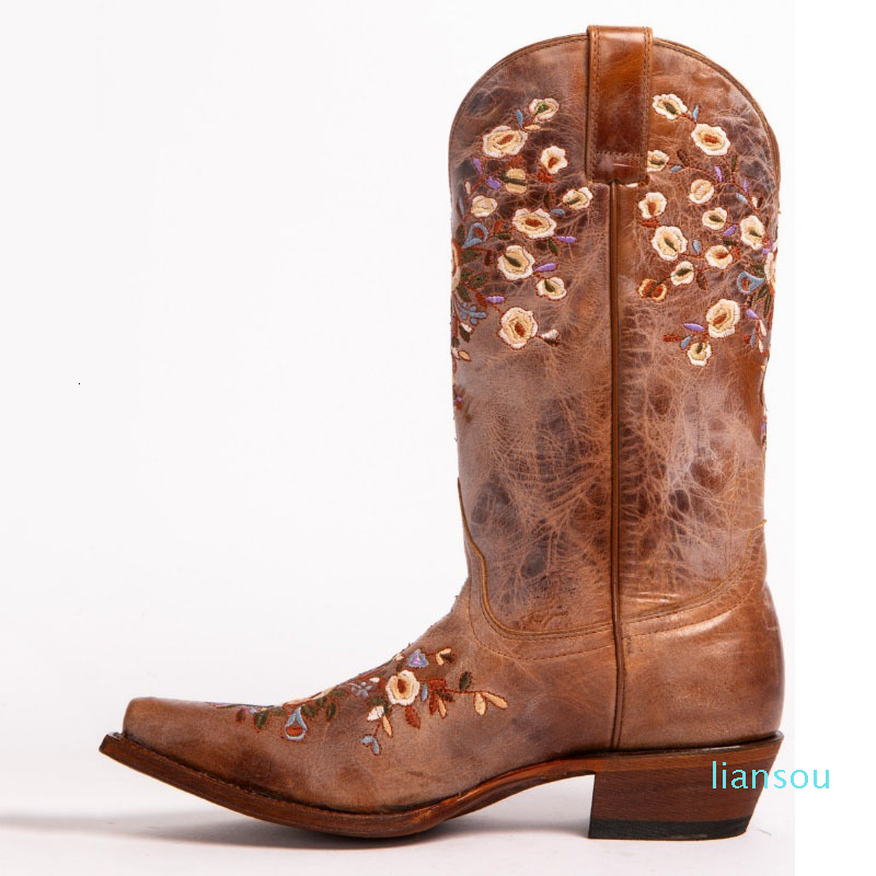 Fashion Floral Embroidered Cowgirl Knee High Leather Vintage Riding Shoes Boots Women