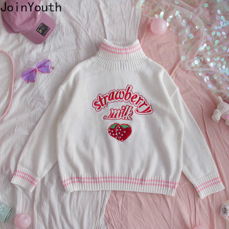 Joinyouth Turtleneck Sweater Sweet Embroidery Strawberry PKnitted Pullovers Ropa Mujer Wear Oversized Loose Jumper Pull Femme 210914