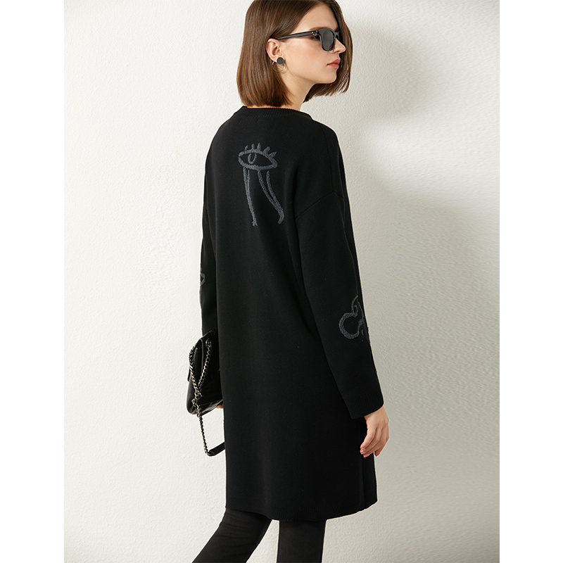 AMII Minimalism Autumn Winter Fashion Embroidery Women Cardigan Solid Oneck Knitted Singlebreasted Female Coat 12040788 201019