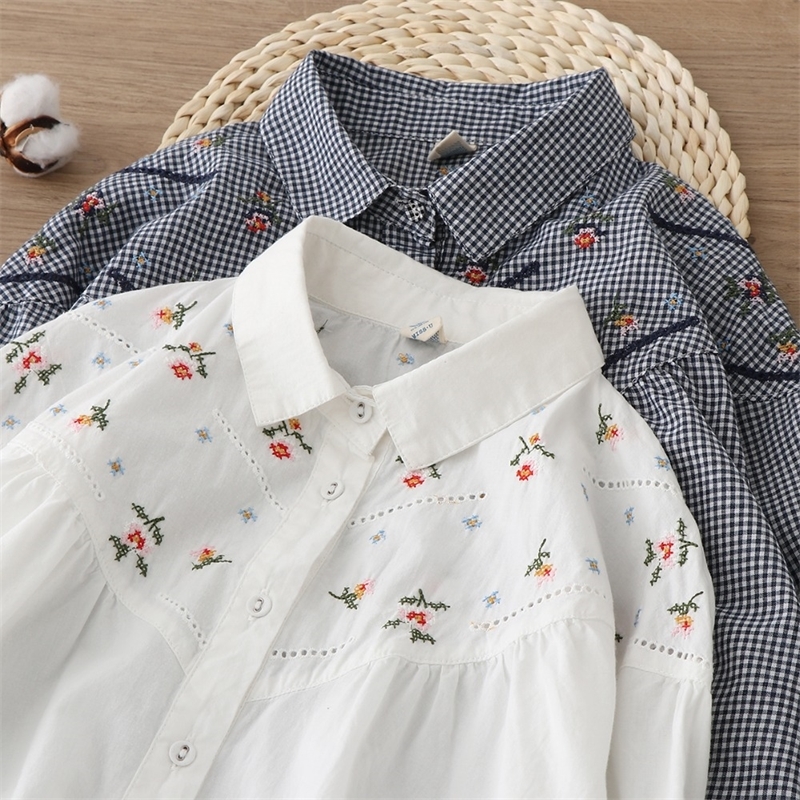 Lamtrip Flowers Embroidery Plaid White Cotton Long Sleeve Shirt Blouse Mori Girl 210225