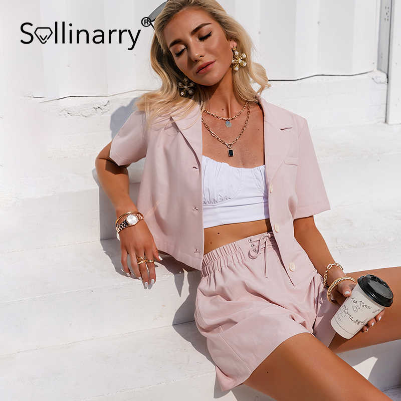 Sollinarry Two-piece suit collar short sleeve for women Pink tie belt shorts female sets Summer casual office ladies streetwear 210709