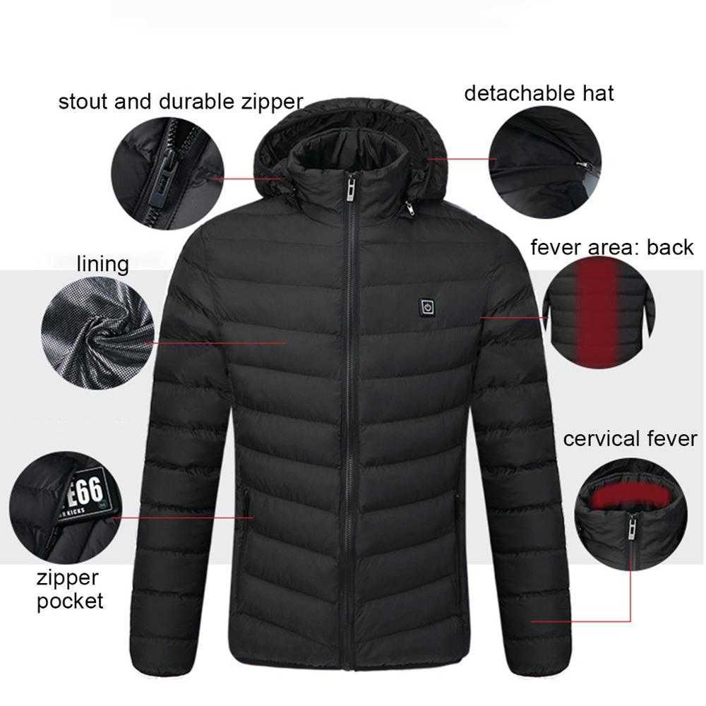 Zone 9 heating Men Winter Warm USB Heating Jackets Smart Thermostat Pure Color Hooded Heated Clothing Waterproof Warm Jackets 210818