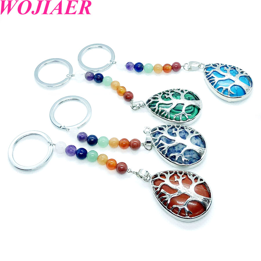 WOJIAER 7 Chakra Water Drop Natural Stone Pendant Key Rings Keychain Tree of Life Keyring Holder Men Women Birthday Gift BW910