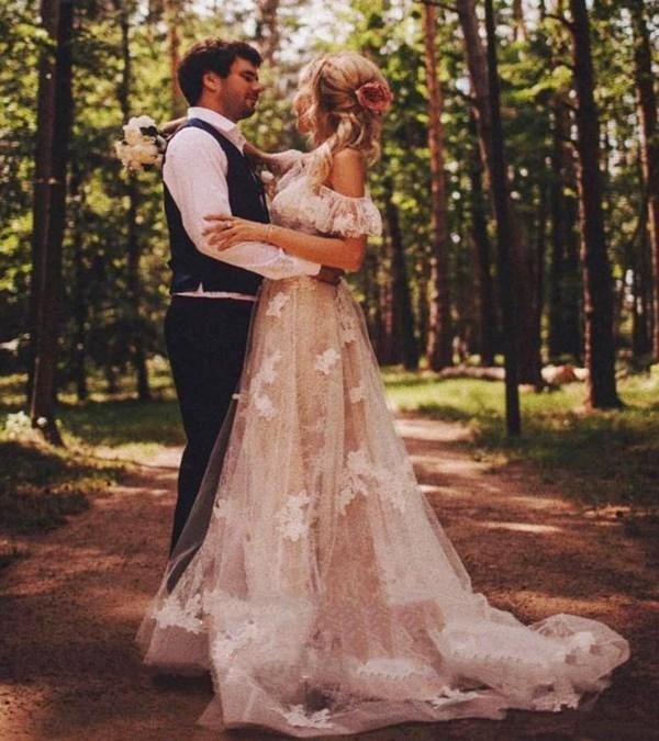 Country Dresses Lace Off the Shoulder Spaghetti Straps Custom Made Sweep Train Beach Wedding Gown Plus Size Vestidos De Novia
