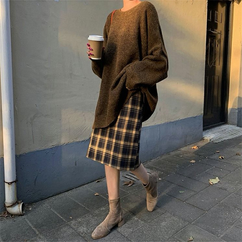 Elegant plaid Women Long Skirts Autumn Plus Size Pencil Long Lady Skirt Female Vintage Warm Wool Midi Skirts Femme Faldas Muje 210306