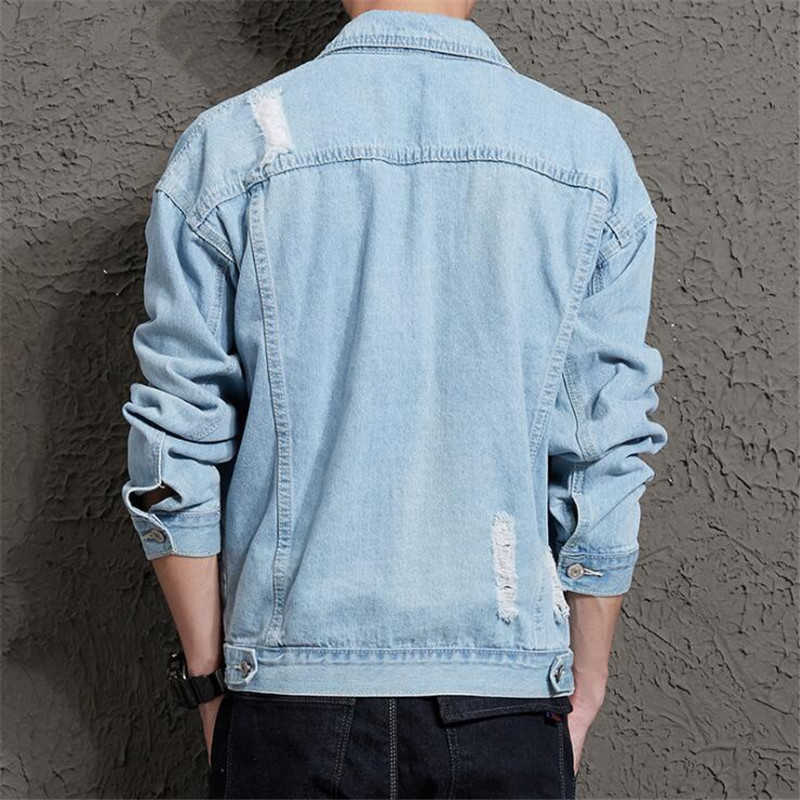 Cotton Solid Denim Jacket Mens Spring Autumn Casual Slim Fit Bomber Jackets Mens Hole Jean Jacket Mens Outwear Male Cowboy SH190902