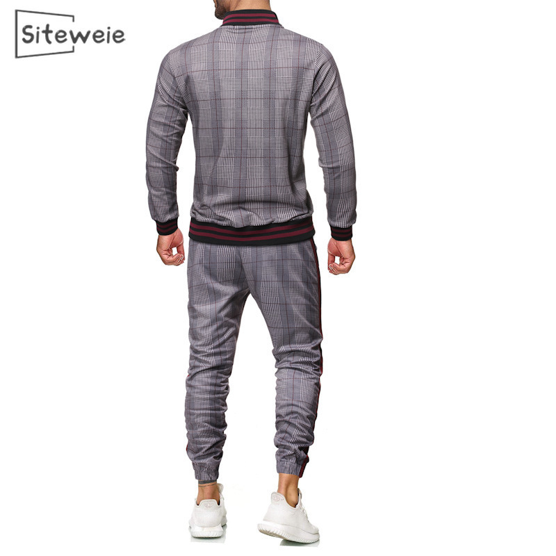 SITEWEIE Tracksuit Men Spring Autumn Sportswear Casual 2 Piece Sets Men Plaid Outdoor Sport Clothing Men's Jacket Pants Set L416 201210
