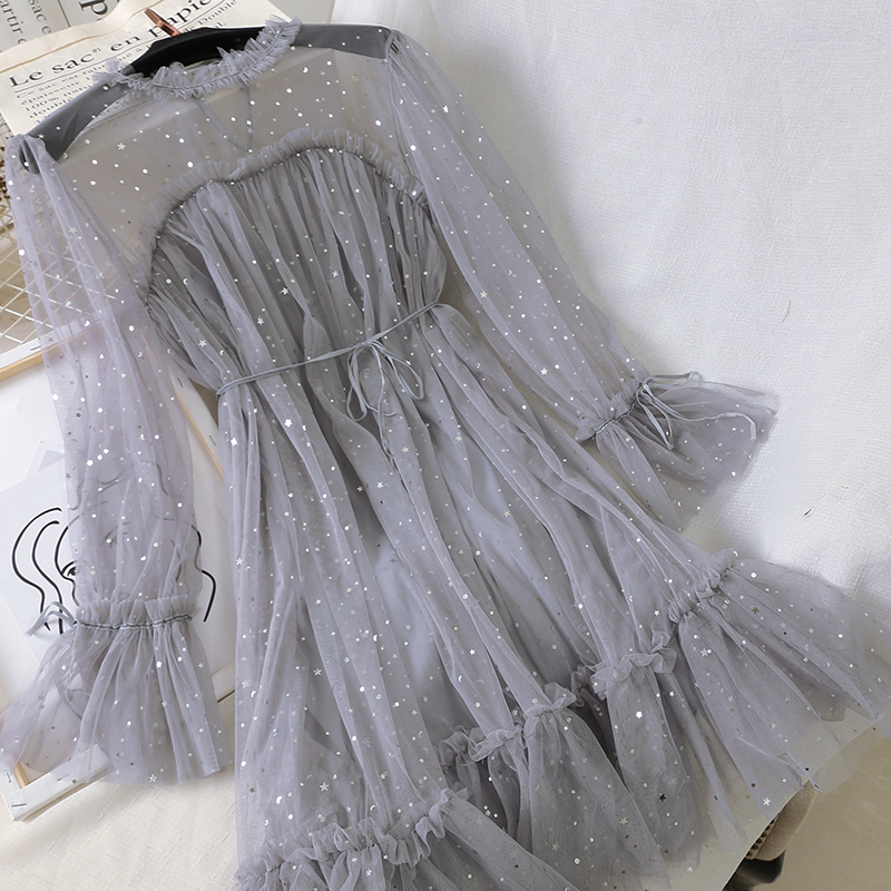 New Women Summer Clothing Bling Sequined Long Sleeve Dress Elastic Slim Mesh Gauze Tulle Dress 210309