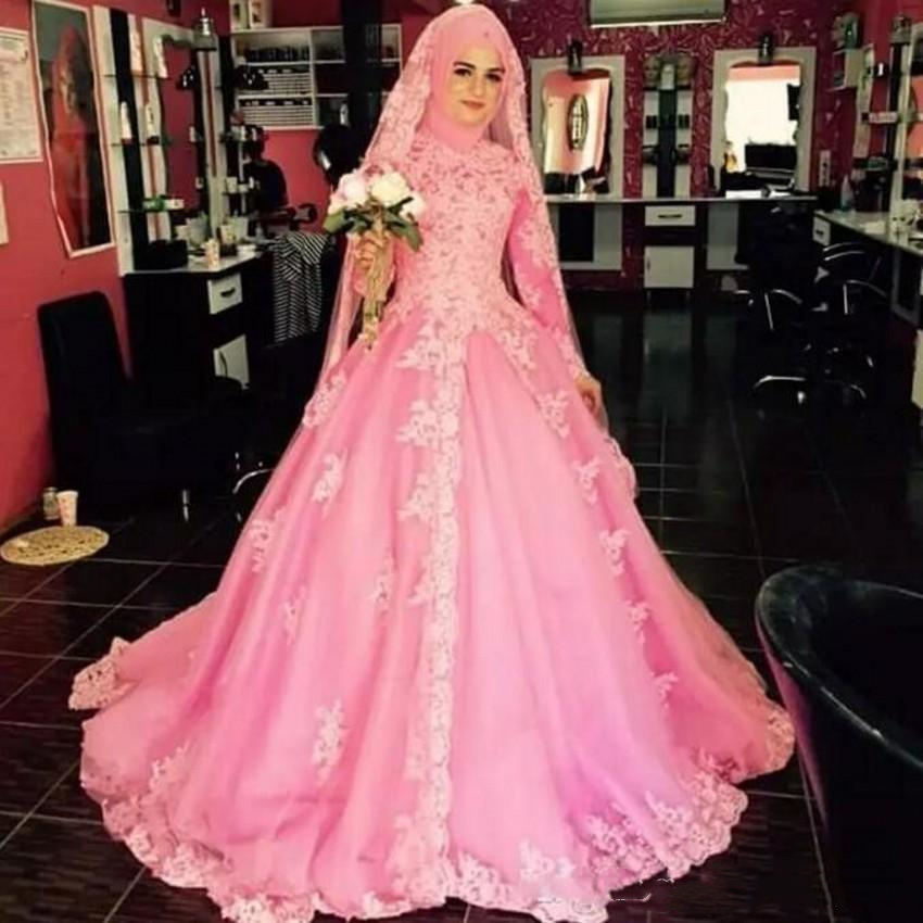 Muslim Pink A Line Wedding Dress With Simple Handmade Hijab Veil 2022 Spring High Collar Long Sleeves Arabic Dubai Bridal Gowns Lace Appliqued Islamic