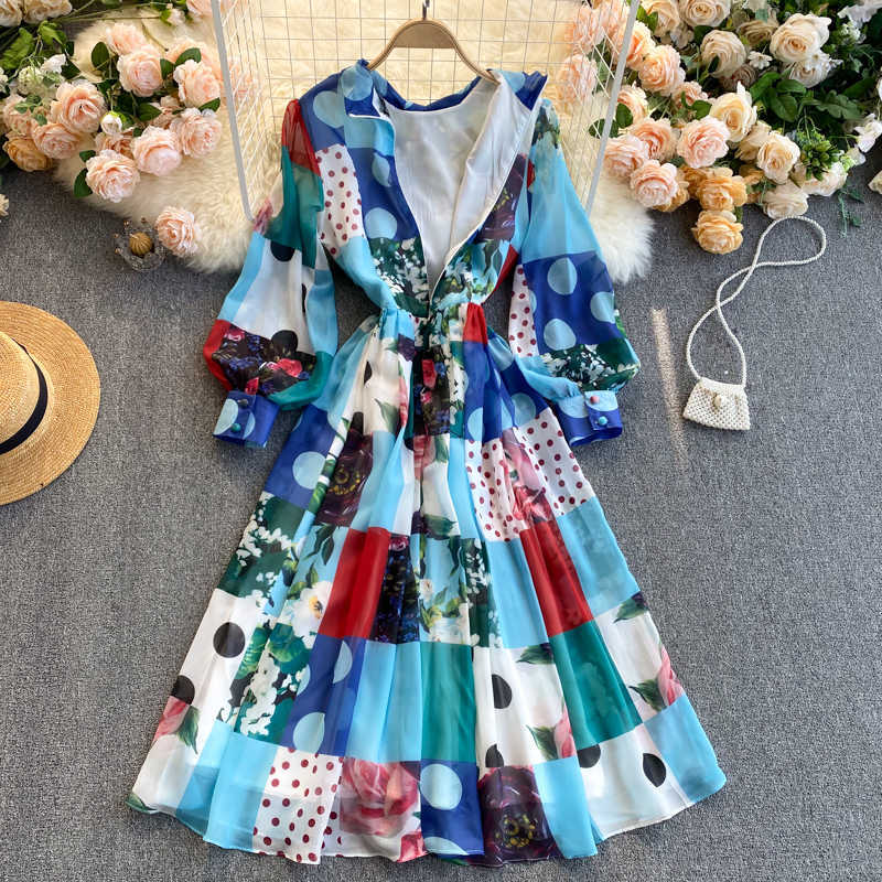 DEAT Spring Arrivals Print Round Collar High Waist Puff Sleeve Spliced Slim A-line Office Lady Chiffon Dress MZ473 210709