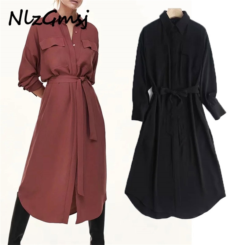 Dres Solid color Shirt style Lace Up dress Turn-down Collar midi Long sleeve slim waist chic dresses 03 210628, As picture
Dres Solid color Shirt style Lace Up dress Turn-down Collar midi Long sleeve slim waist chic dresses 03 210628, As picture