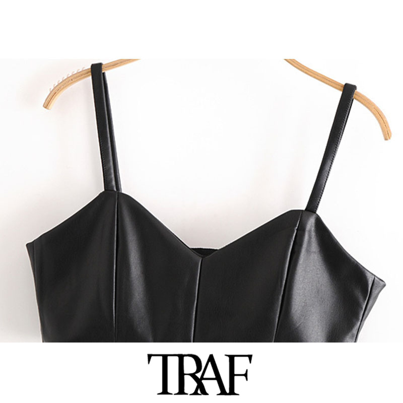 TRAF Women Sexy Fashion Faux Leather Cropped Tank Top Vintage V Neck Side Zipper Wide Straps Female Camis Chic Tops 210308