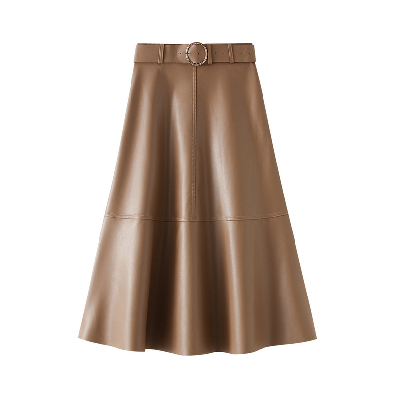 Neophil Vintage Women Leather Midi Skirts PU Faux Winter Warm Fashion Sashes A-Line High Waist Flare Belt Skirt Longa Saia S9730 210309