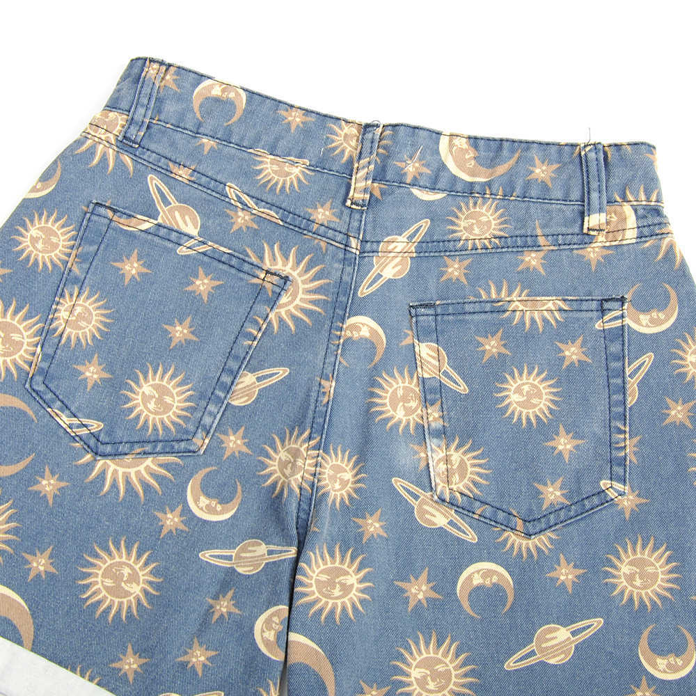 Women's denim Shorts Fit Planet Printed Pattern Women Pant School Loose Streewear Sun Star Ladies Jeans 210714