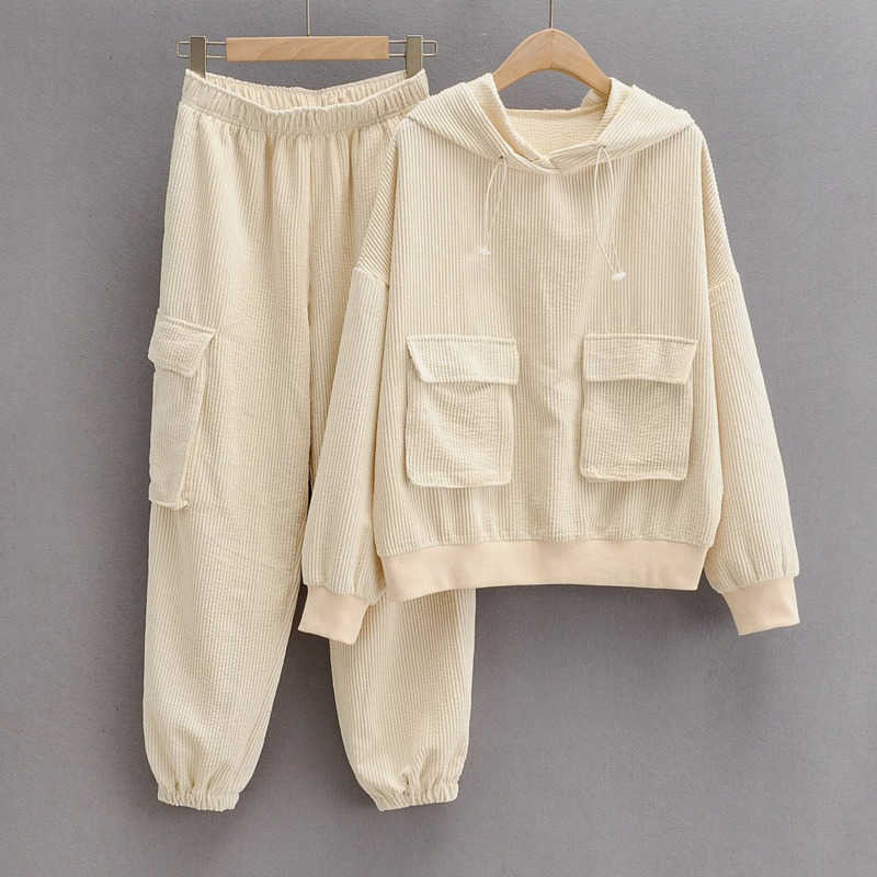 DEAT Spring Arrivals Long Sleeve Hooded Velvet Sweatshirt Pullovers Elastic Pants Two Piece Set Women Tracksuits ML693 210709
