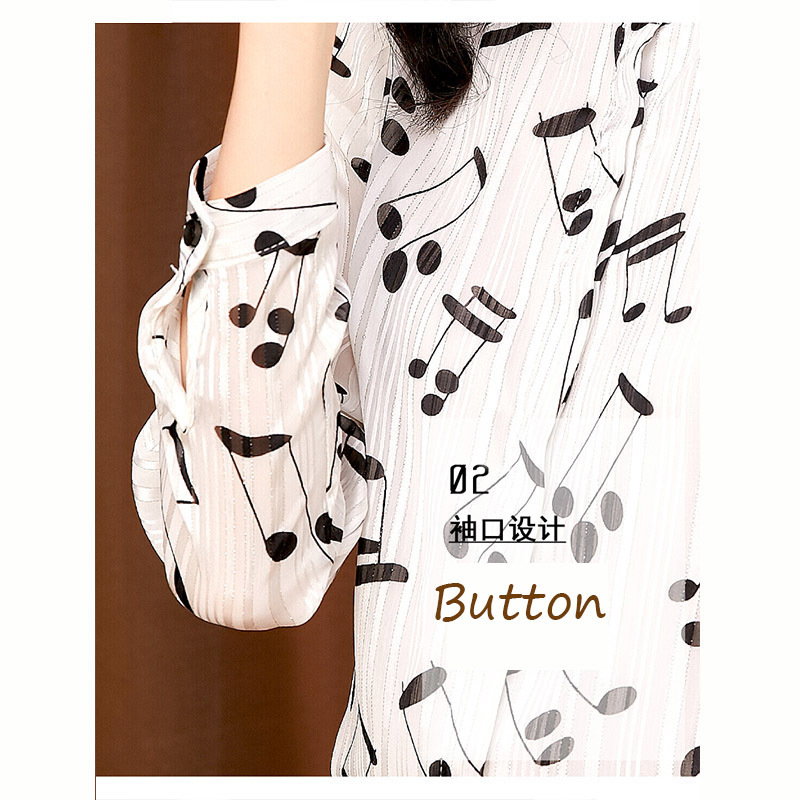 Spring Chiffon Shirt Women White Music Print Turn-down Collar Long Sleeve Thin Blouse Fashion Print Tops T02703B 210225