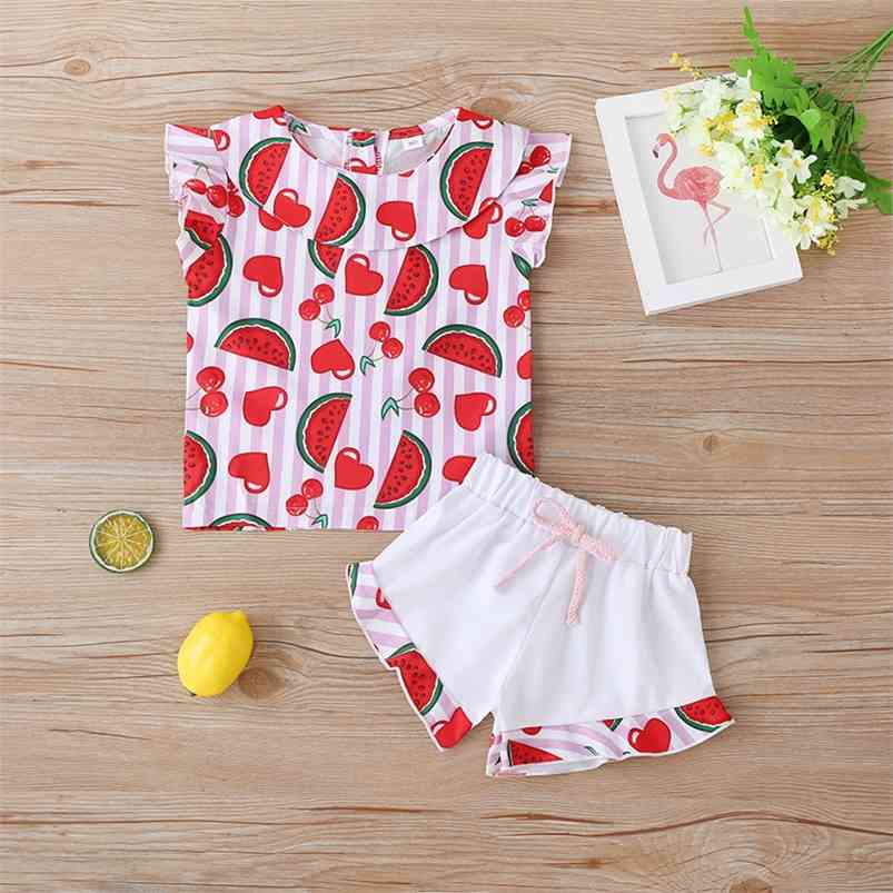 Summer Children Sets Casual Girls Sleeveless O Neck Print Fruits Tops Short Pants Cute Clothes 9M-4T 210629, Pink