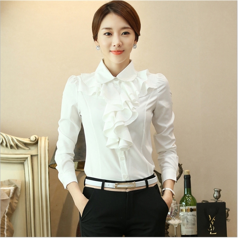 New Women Chiffon Blouse Long Sleeve Shirt Female Professional Lace Tops OL Chiffon Tops 210225