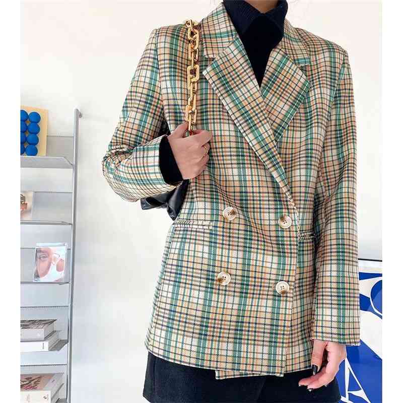 Vintage Women Green Plaid Blazers Fashion Ladies Notched Collar Coats Causal Female Chic Double Breasted Jacket 210527