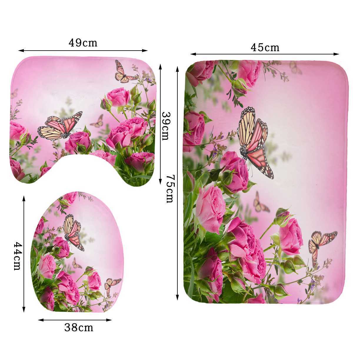 Flower Butterfly Printed Shower Curtains Bathroom Curtain Pink Rose Bathroom Set Toilet Seat Cover Rugs Non-slip Bath Mat 210609