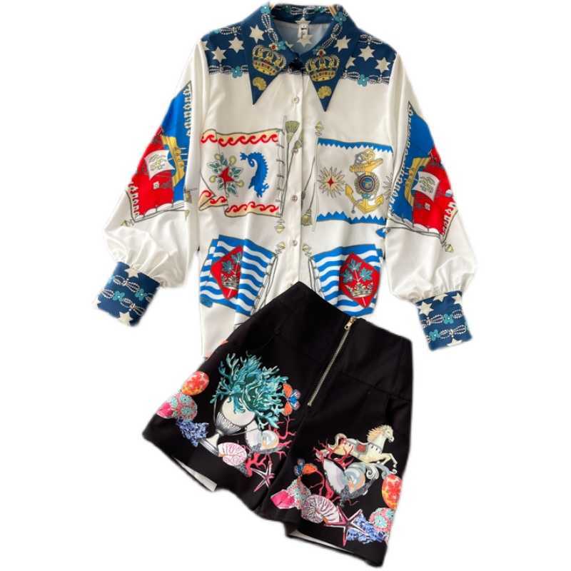 DEAT Women Printing Lapel Puff Sleeve Shorts Arrivals Two Piece Set Fashion Temperament Spring Summer 11D589 210709