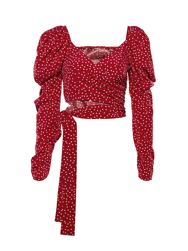 OOTN Vintage Polka Dot Women Puff Long Sleeve Wrap Top Elegant Lace Up Red Crop Top Blouse Sexy Backless Chic Female Shirts 220407